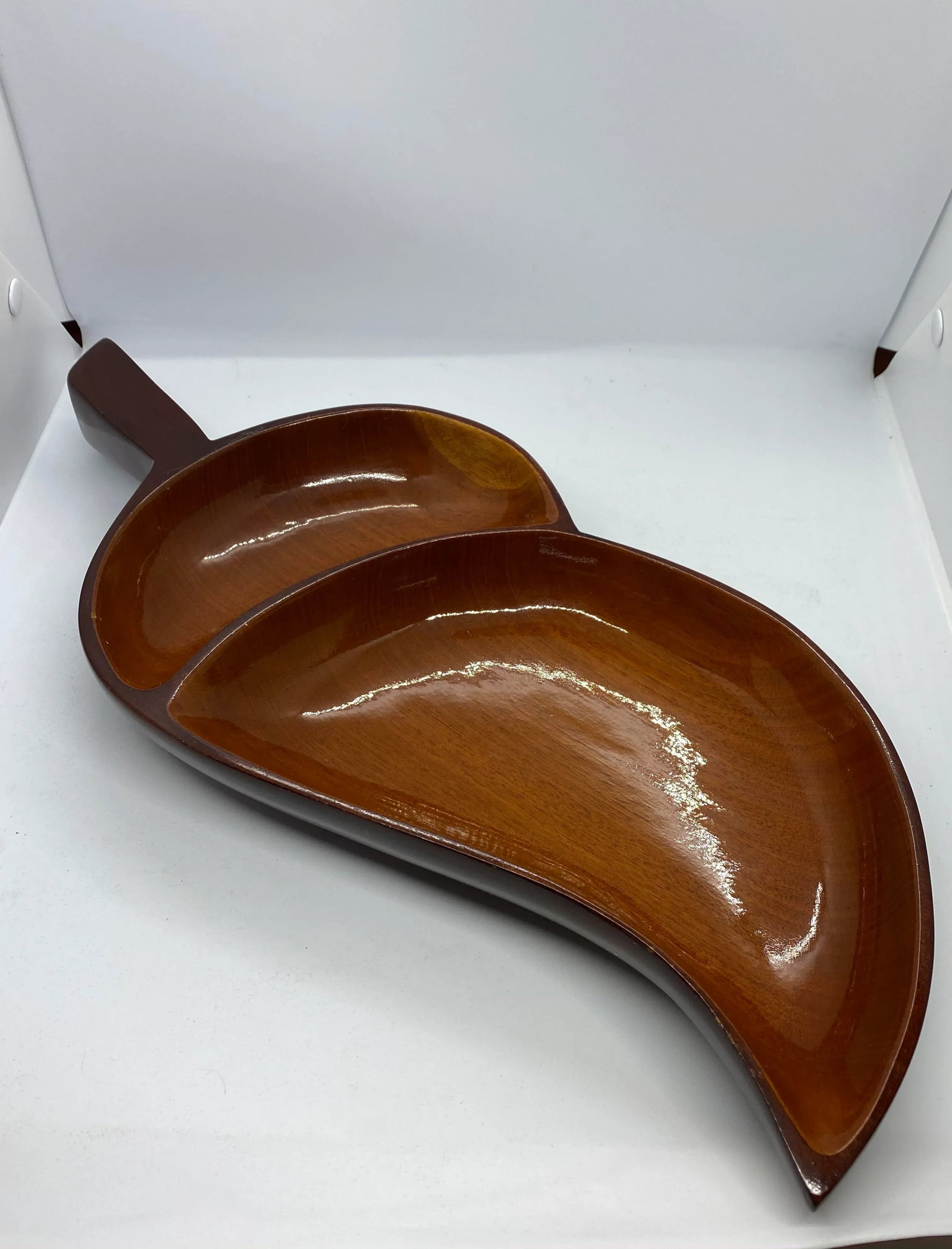 Mid-Century Modern Hand Carved Acorn Shape Mahogany Large Two-Section Serving Platter - 9