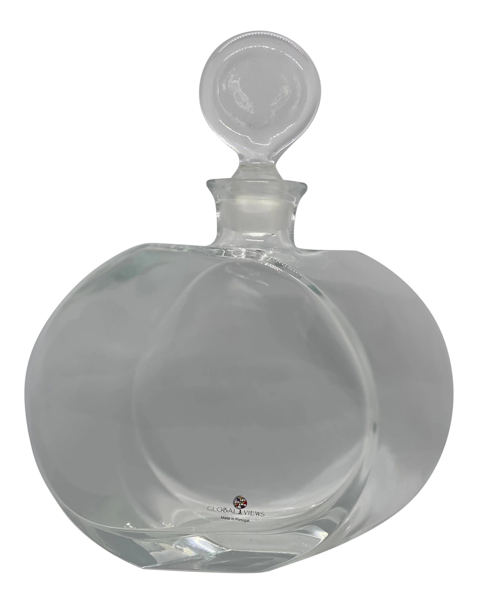 Early 21st Century Global Views Offset Shape Round Glass Decanter: This Round Glass Decanter with Stopper has an Offset Shape which is unique and appealing. This tasteful and bold style will make a wonderful addition to your collection! This Decanter and Stopper are