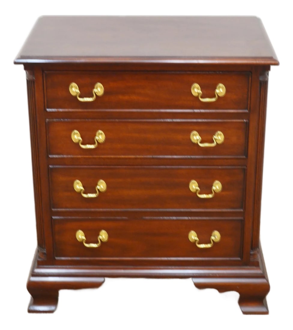 Late 20th Century Henkel Harris Mahogany Nightstand: Mahogany Nightstand by Henkel Harris. Store item #522. It features dovetailed drawers and brass hardware. Condition: Alterations: Original Condition Unaltered Imperfections: Some Imperfections