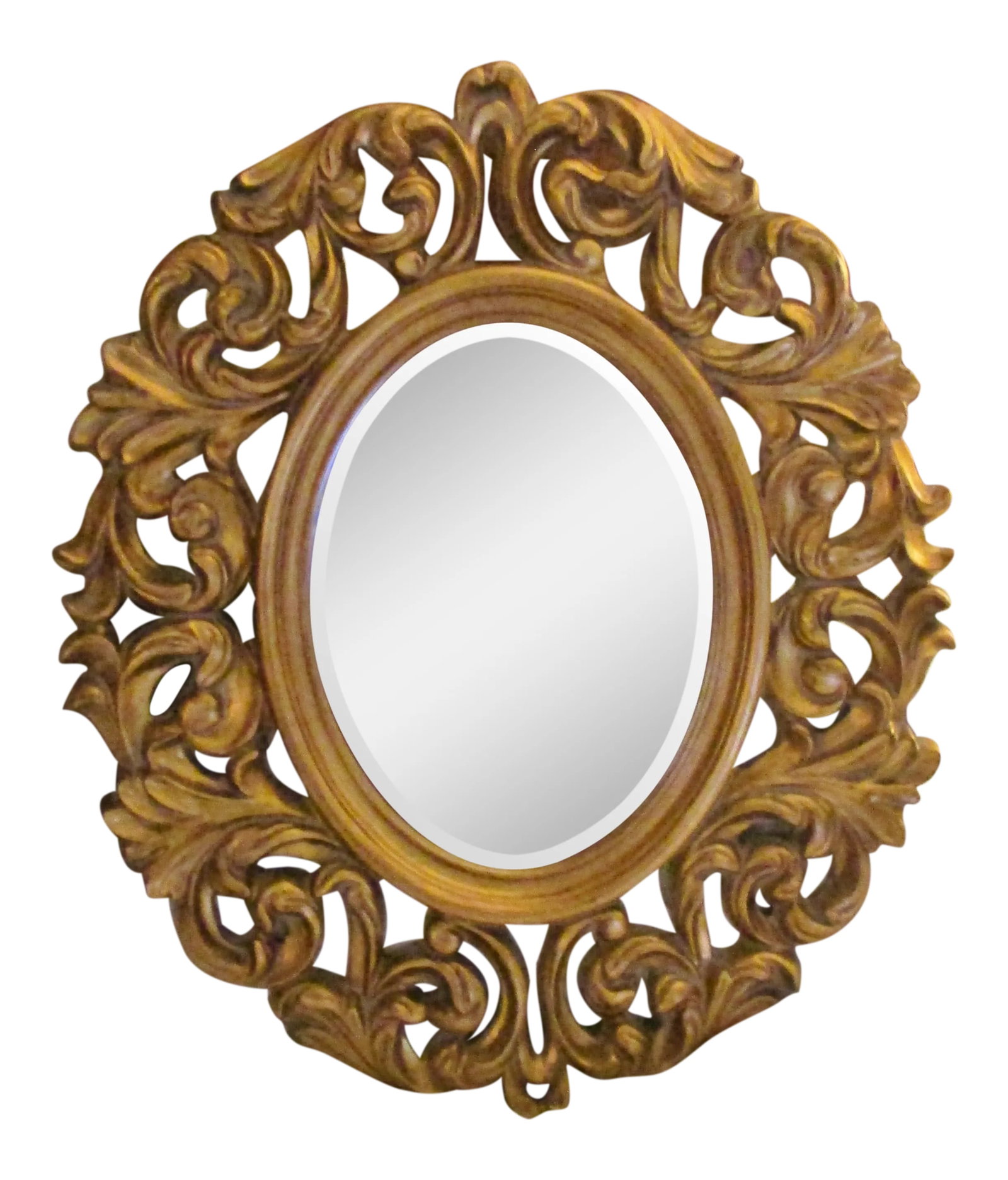 Carved Oval Gold Frame Mirror: NEW Ornate Baroque Carved Style Gold Leaf with Black Rub Oval Bevelled Mirror Measures 29.50" x 25.50" overall. The bevelled mirror measures 15.25" x 11.25". Condition: Imperfections: No