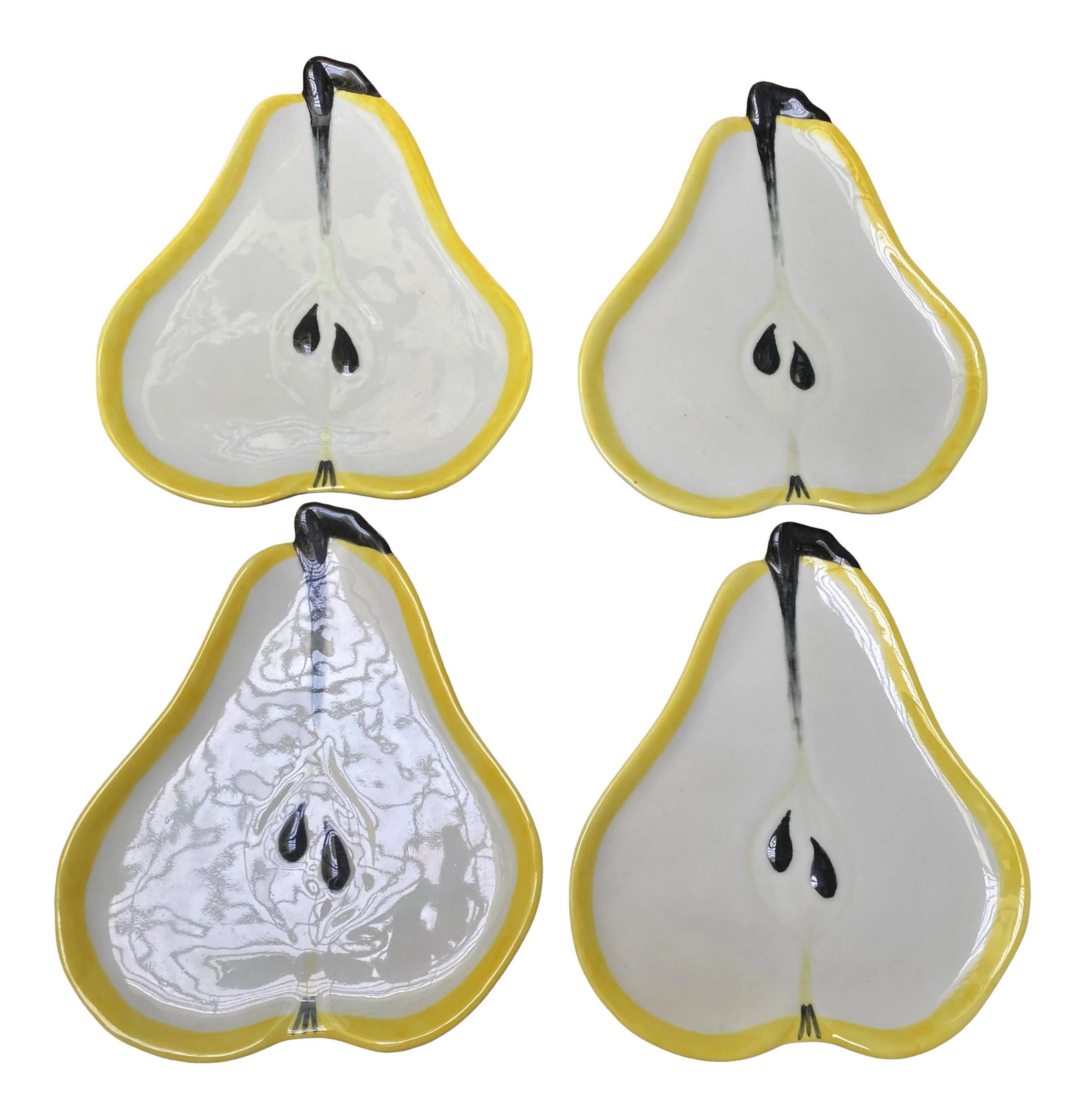 Mid 20th Century Hand Painted Ceramic Pear Shaped Dish/Plate by Ernestine Cannon Salerno Italy - Set: This is a fabulous set of 4 luncheon plates in the shape of pears with wonderful quality, designed by Ernestine Cannon and manufactured in Salerno Italy. Cannon was a very influential ceramics designe