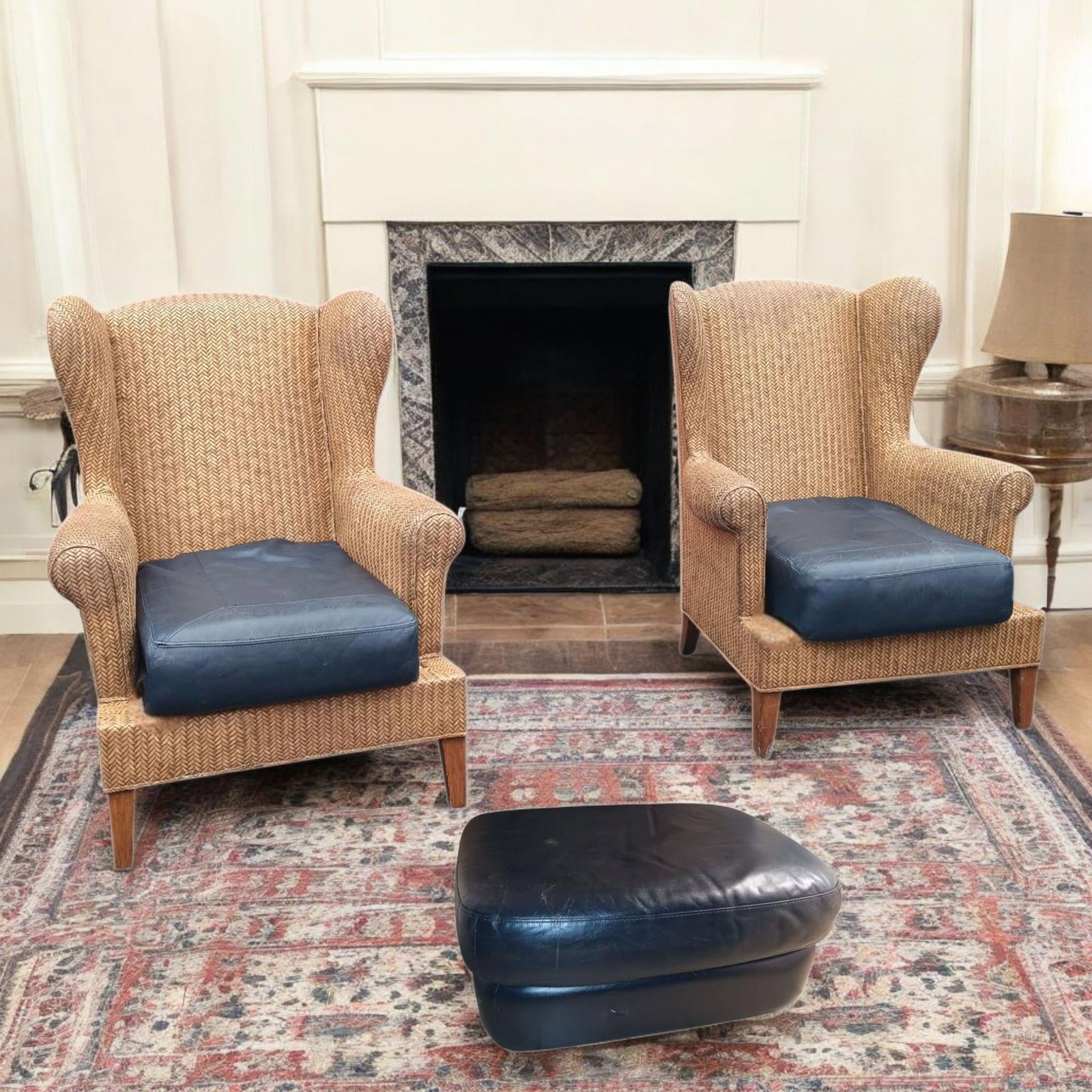 1980s Ethan Allen Wingback Chairs With a Leather Ottoman, 3 Pieces - 2