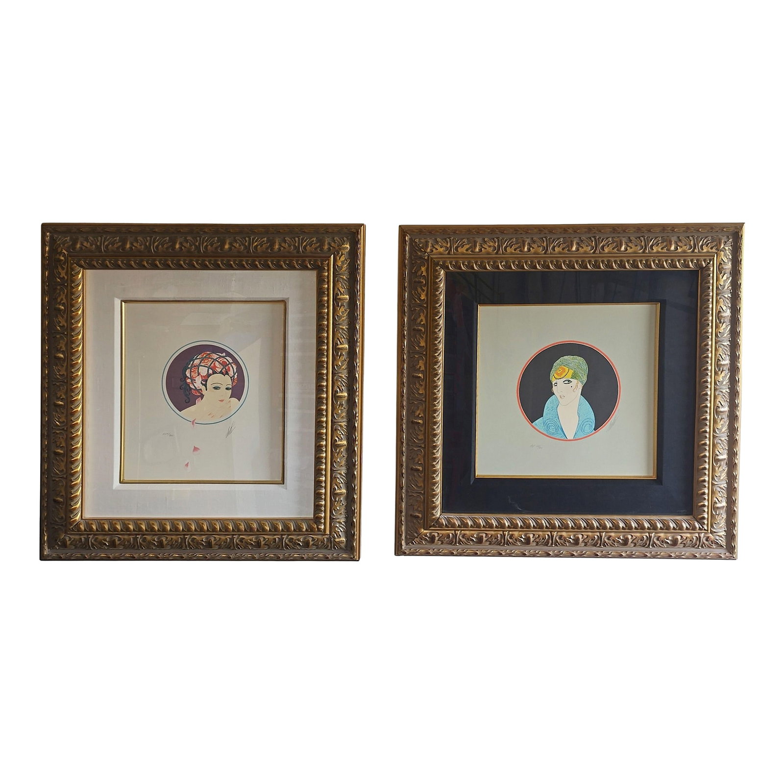 1970s Erte Signed Serigraph Pair - Yellow Turban Ap 60/60 & Rose Turban 264/300 Framed: This pair of hand-signed Erte serigraphs from the 1979 Turban Suite-"Yellow Turban" (rare Artist's Proof AP 60/60) and "Rose Turban" (edition 264/300)-weaves a tale of Art Deco enchantment. Two