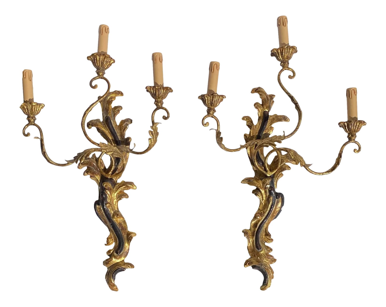 1960s Italian Hand Carved Wood & Metal Three Light Sconces - a Pair: Beautiful Pair of three light hand carved sconces with metal leaves with an ebonized and parcel-gilt finish. Ready to bring some beauty to any wall! Condition: Alterations: Original Condition Unaltere