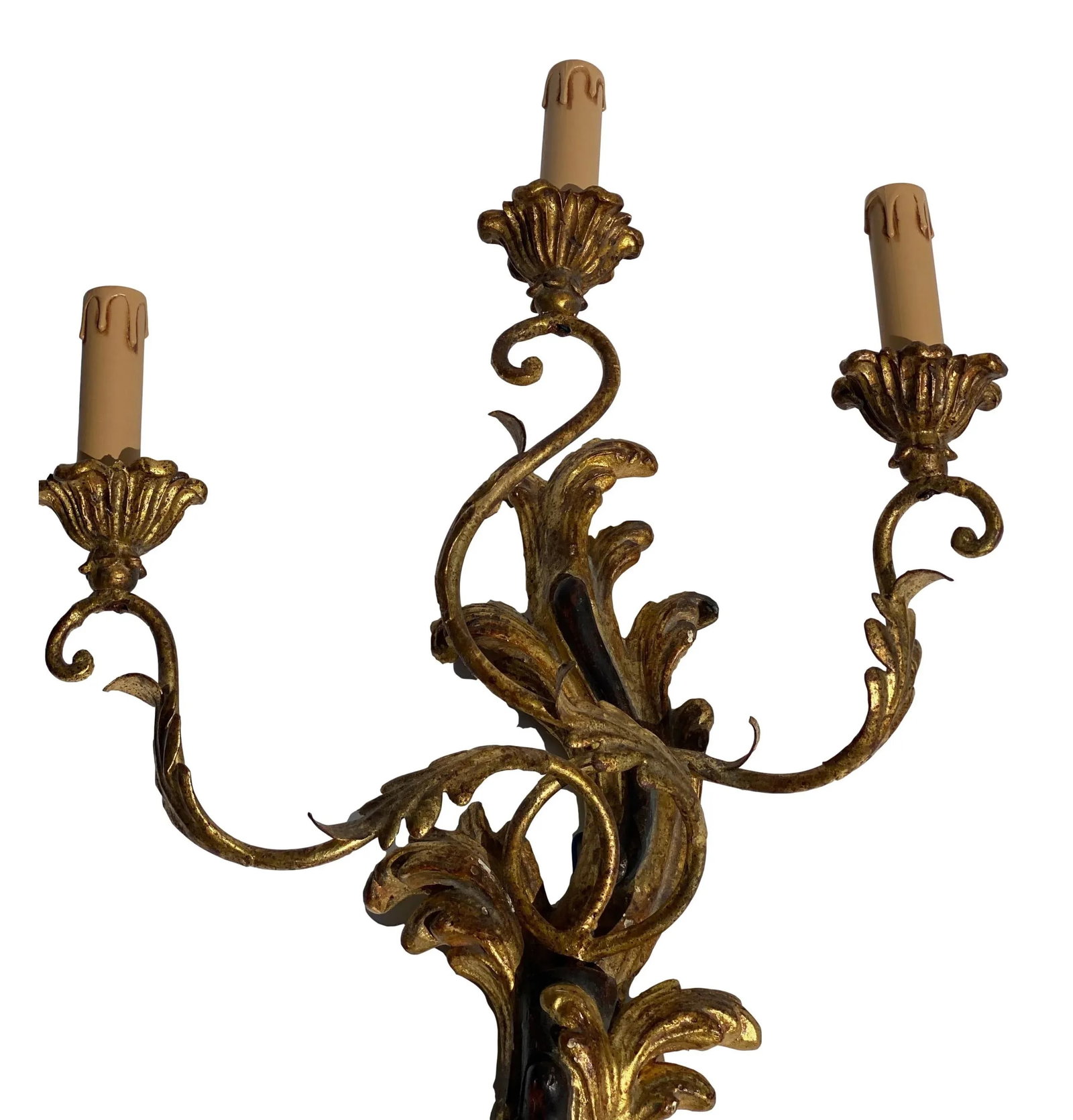 1960s Italian Hand Carved Wood & Metal Three Light Sconces - a Pair - 4