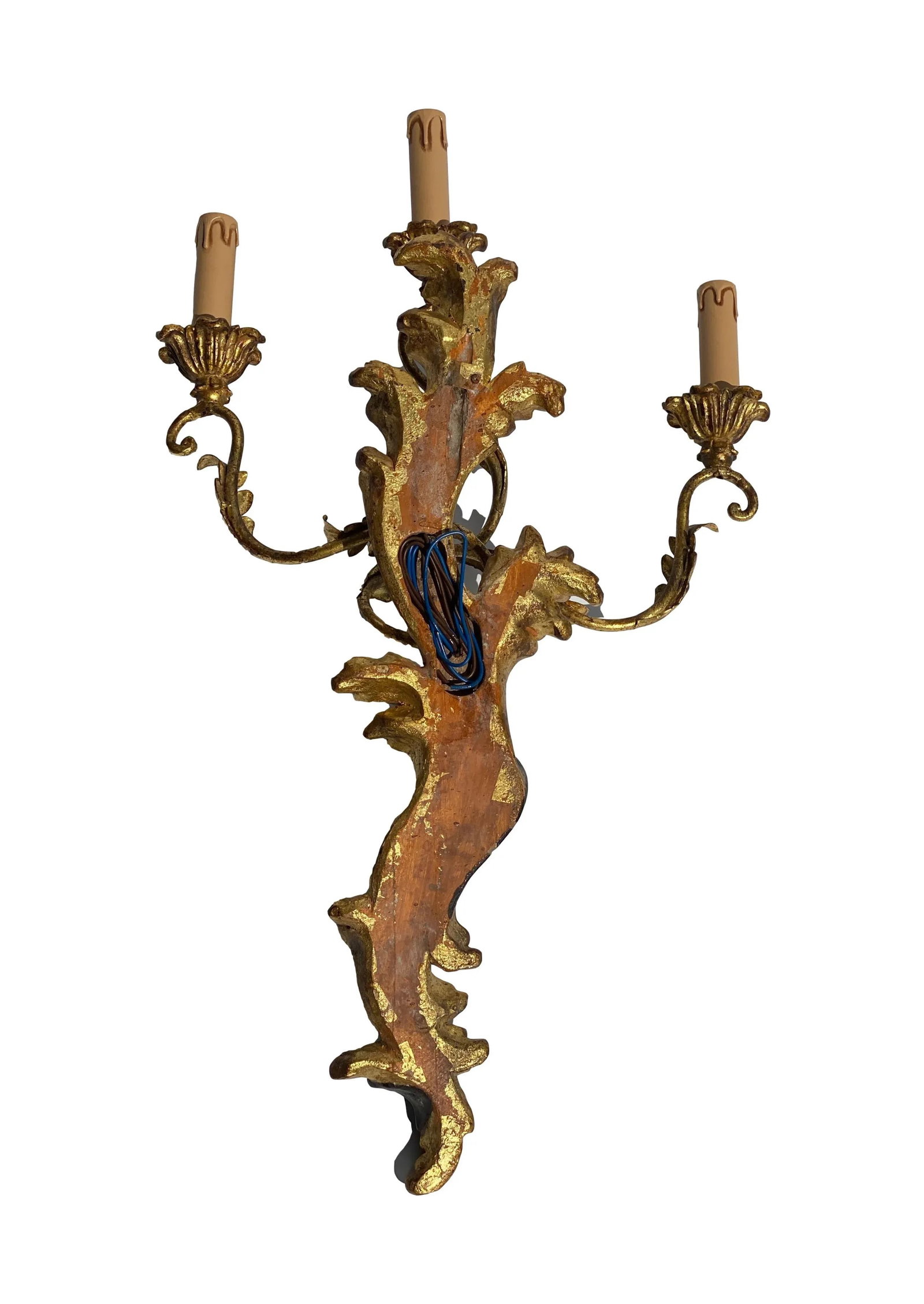 1960s Italian Hand Carved Wood & Metal Three Light Sconces - a Pair - 6