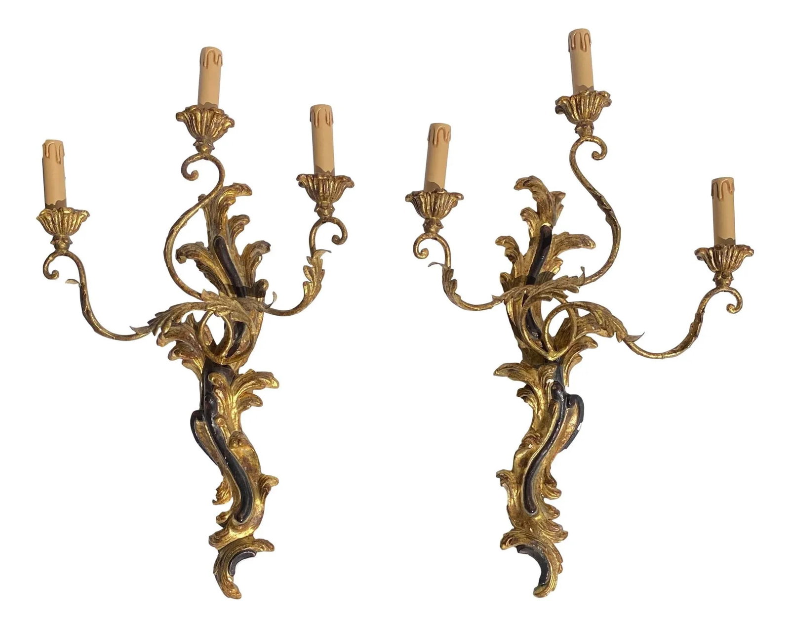 1960s Italian Hand Carved Wood & Metal Three Light Sconces - a Pair - 7
