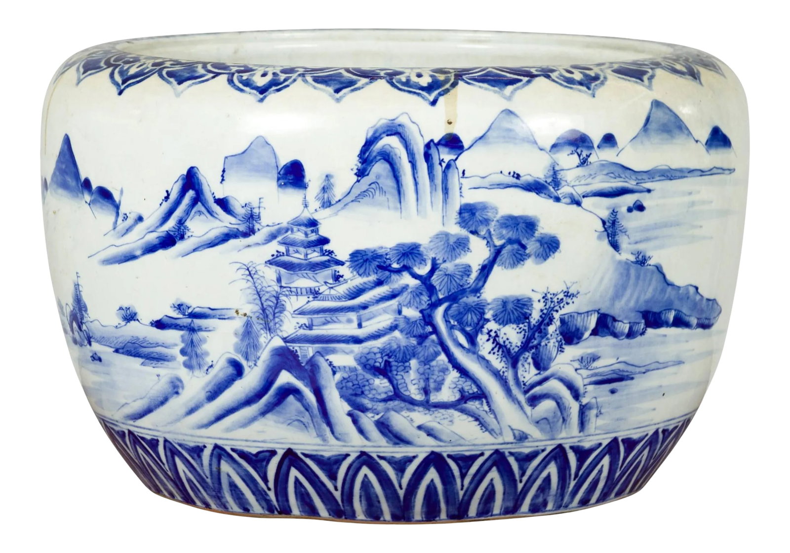 Mid 19th Century Japanese Meiji Period Blue and White Round Porcelain Planter: A Japanese Meiji period blue and white porcelain planter from the 19th century, with landscape scenes. Created in Japan during the Meiji period, this circular planter features a blue and white decor