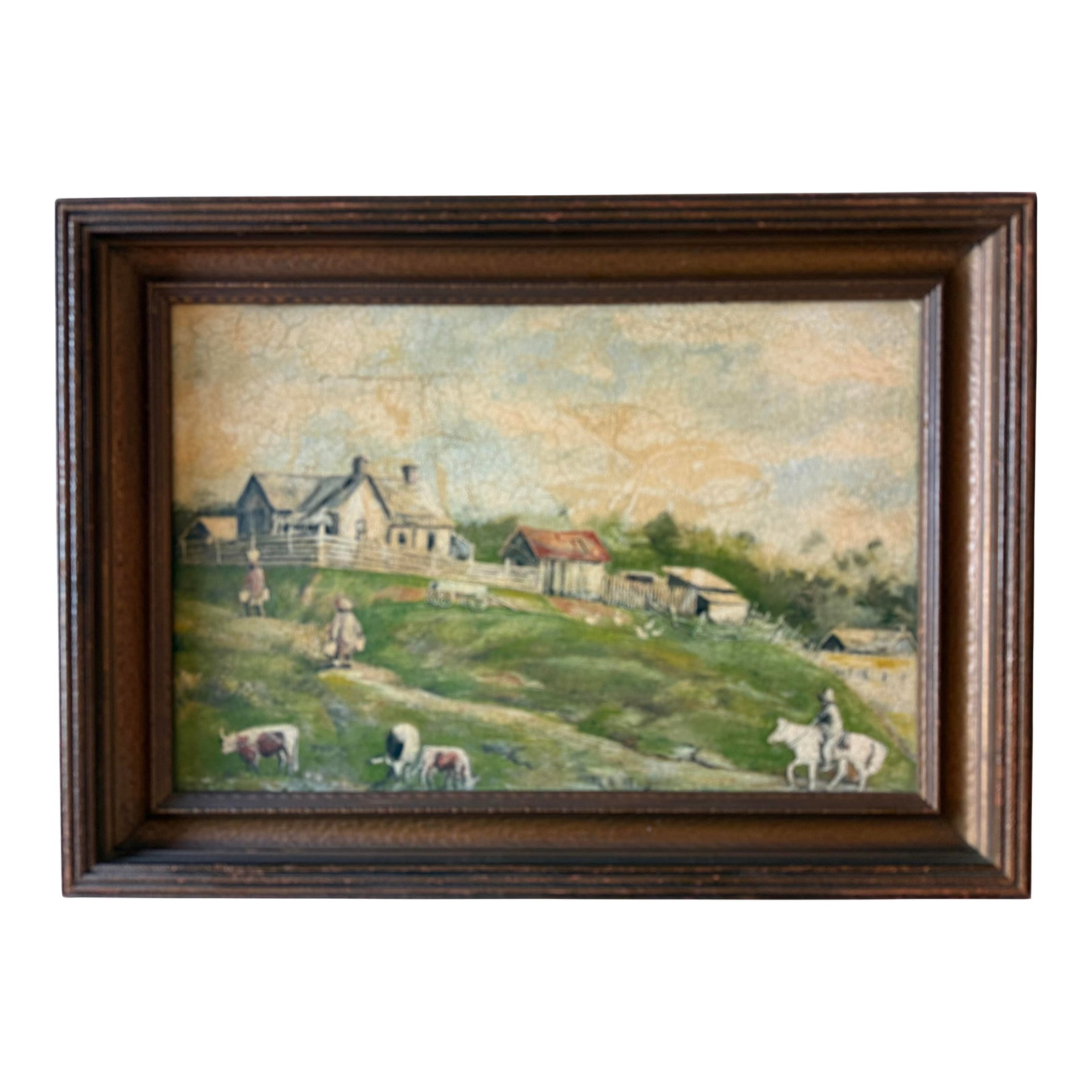 Vintage Folk Art Oiil Painting of Rural Farm Scence: Vintage oil painting of rural farm scene depicting a farmhouse, man on horseback and people tending to livestock. No artist signature or year visible. Framed in a wood frame. Framed measurements are