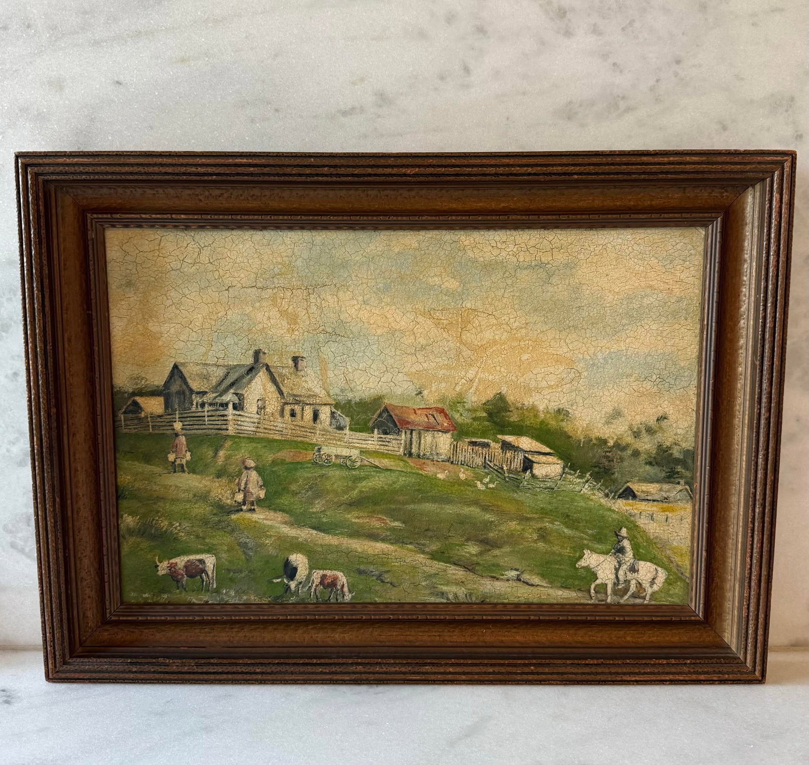 Vintage Folk Art Oiil Painting of Rural Farm Scence - 2