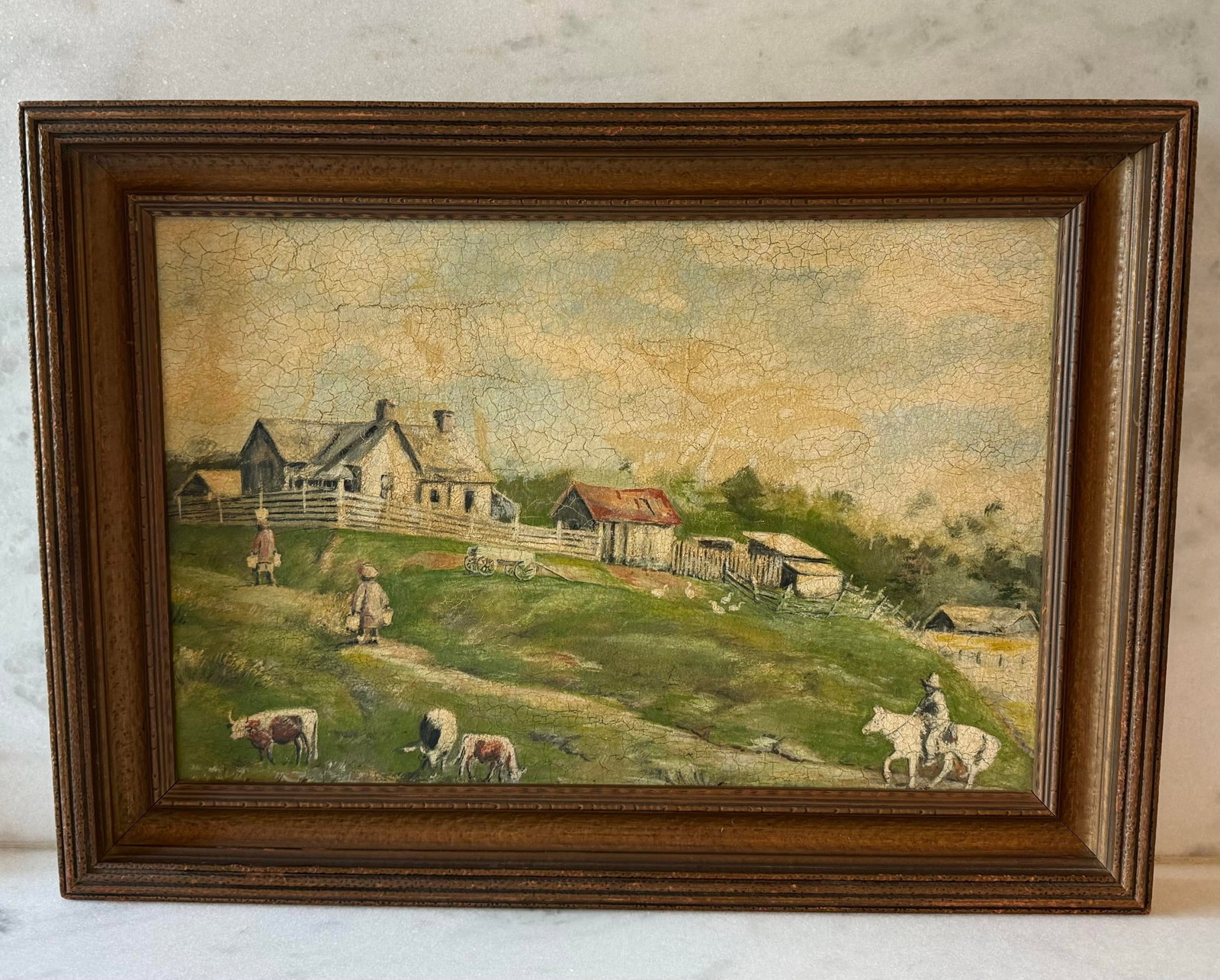 Vintage Folk Art Oiil Painting of Rural Farm Scence - 3