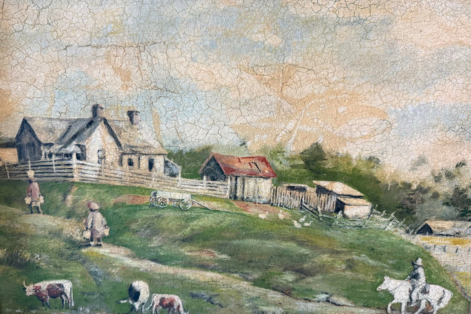 Vintage Folk Art Oiil Painting of Rural Farm Scence - 4
