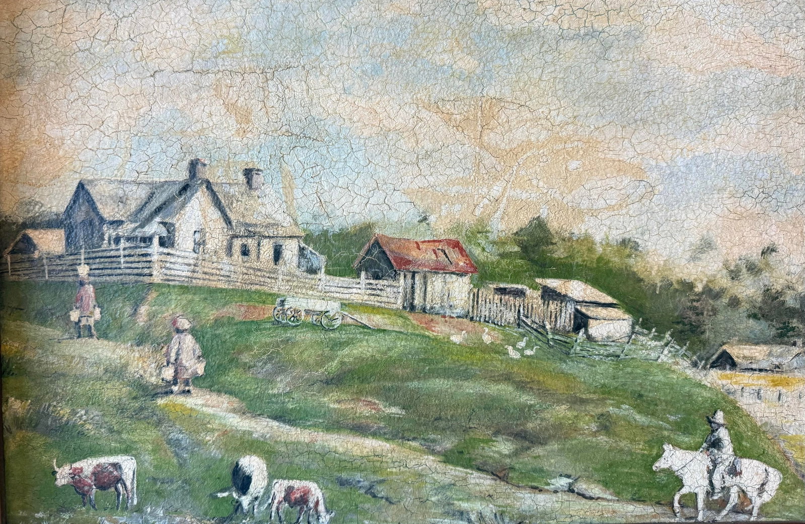 Vintage Folk Art Oiil Painting of Rural Farm Scence - 5