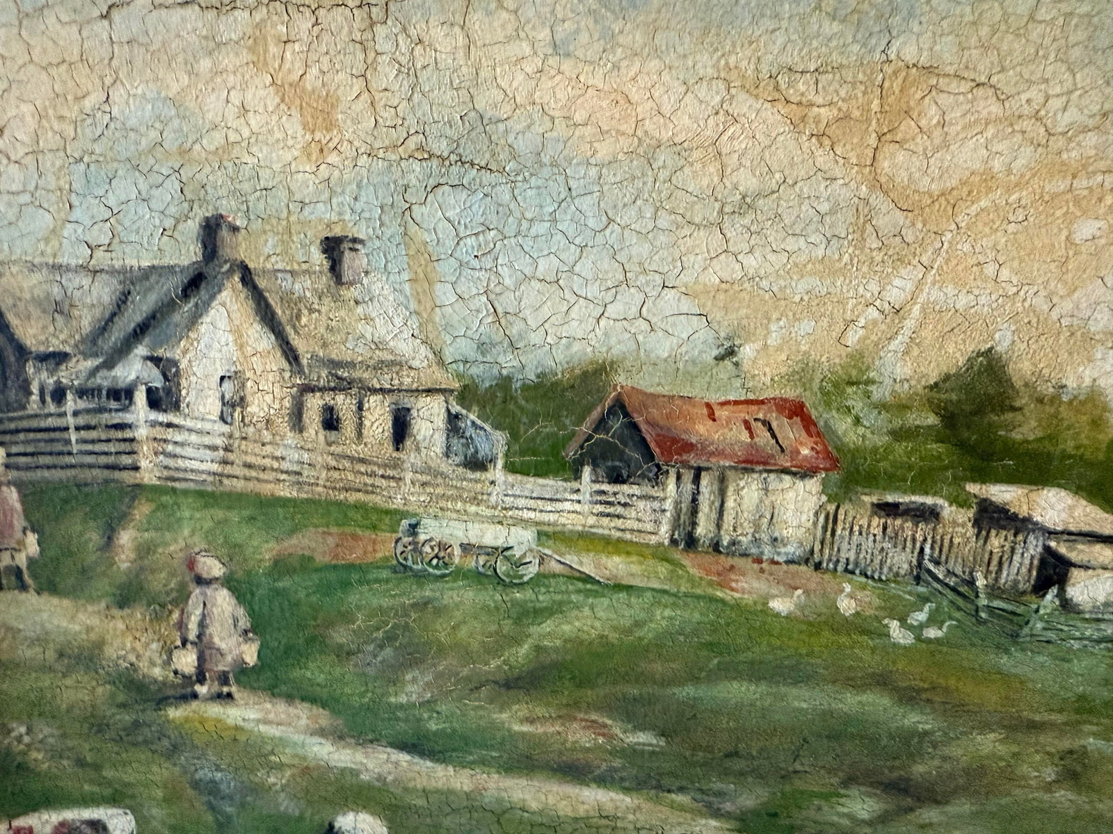 Vintage Folk Art Oiil Painting of Rural Farm Scence - 6