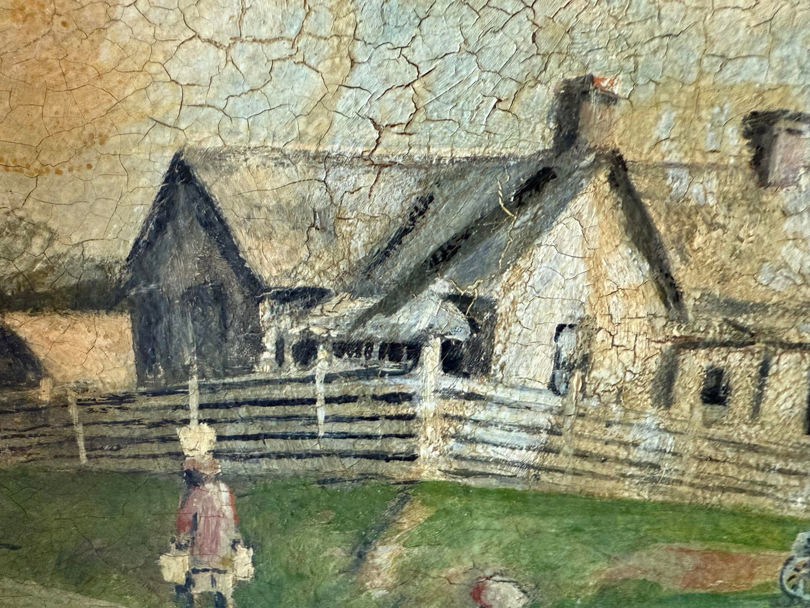 Vintage Folk Art Oiil Painting of Rural Farm Scence - 7