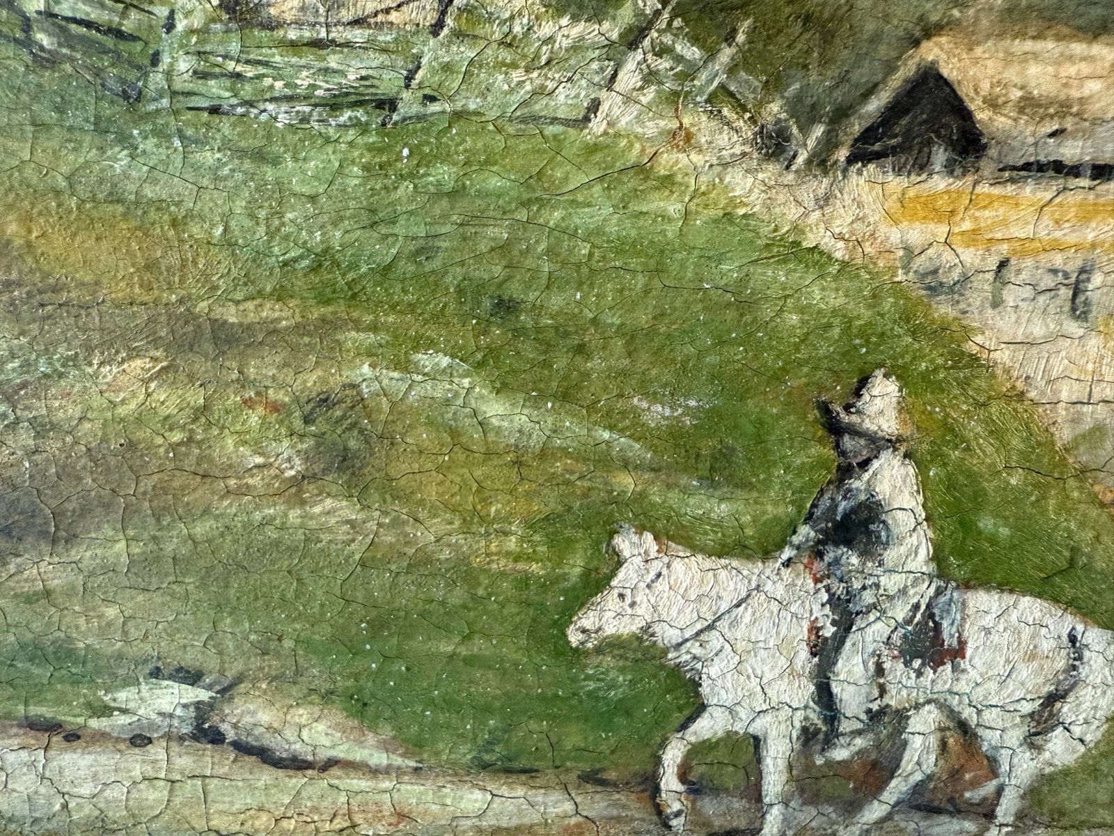Vintage Folk Art Oiil Painting of Rural Farm Scence - 8