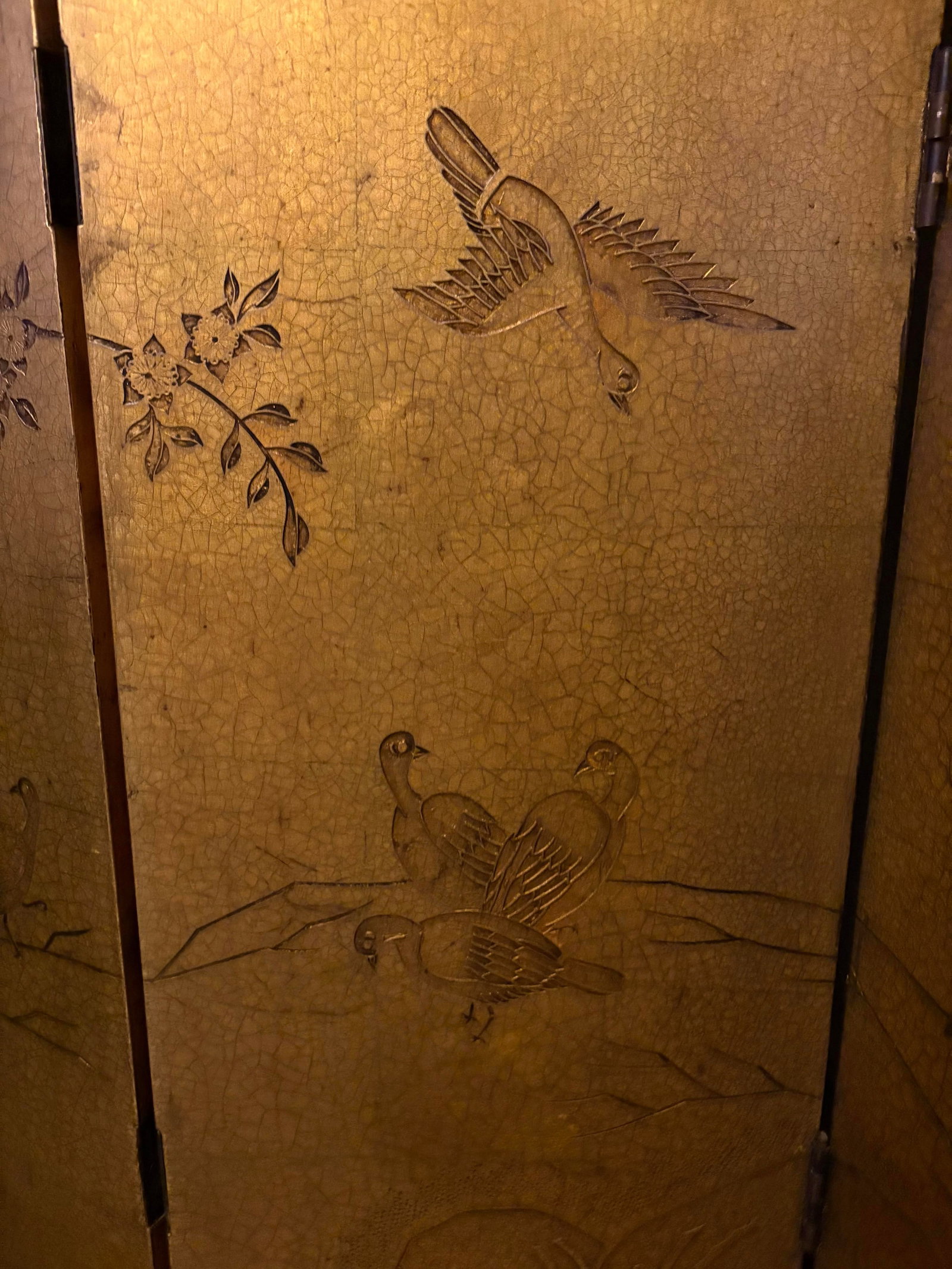 Antique Asian Four Panel Lacquered Screen With Gold Leaf and Brass Hinges - 2