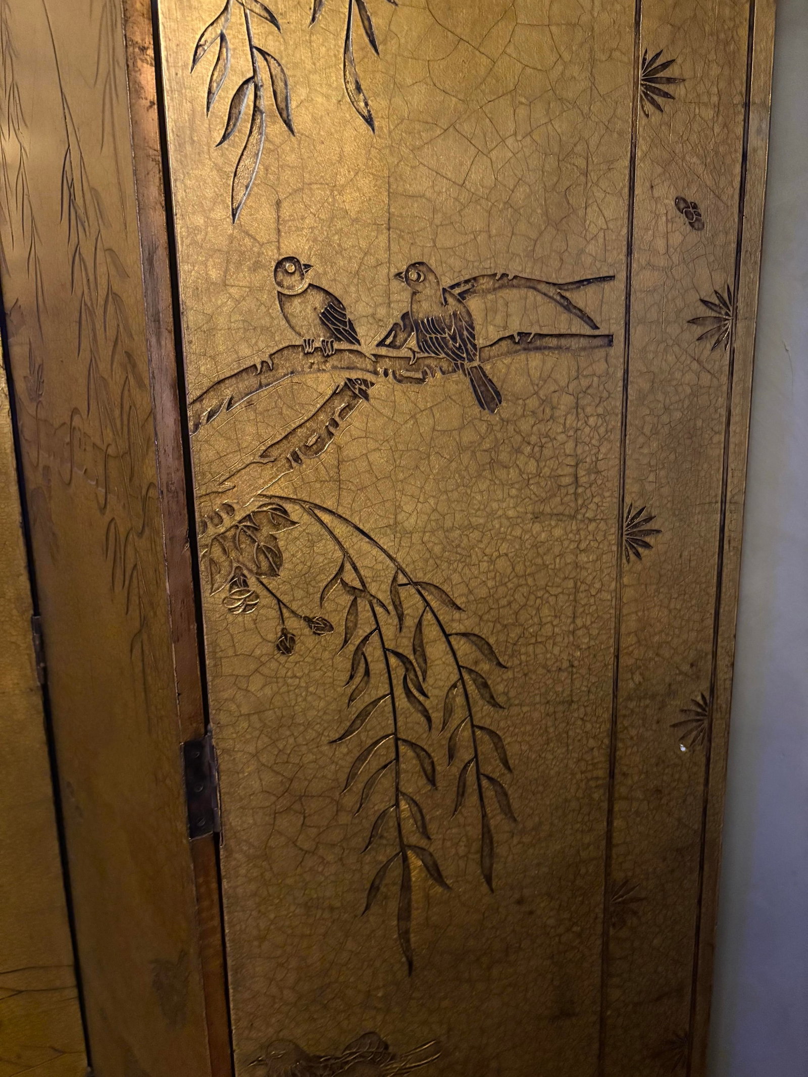 Antique Asian Four Panel Lacquered Screen With Gold Leaf and Brass Hinges - 4