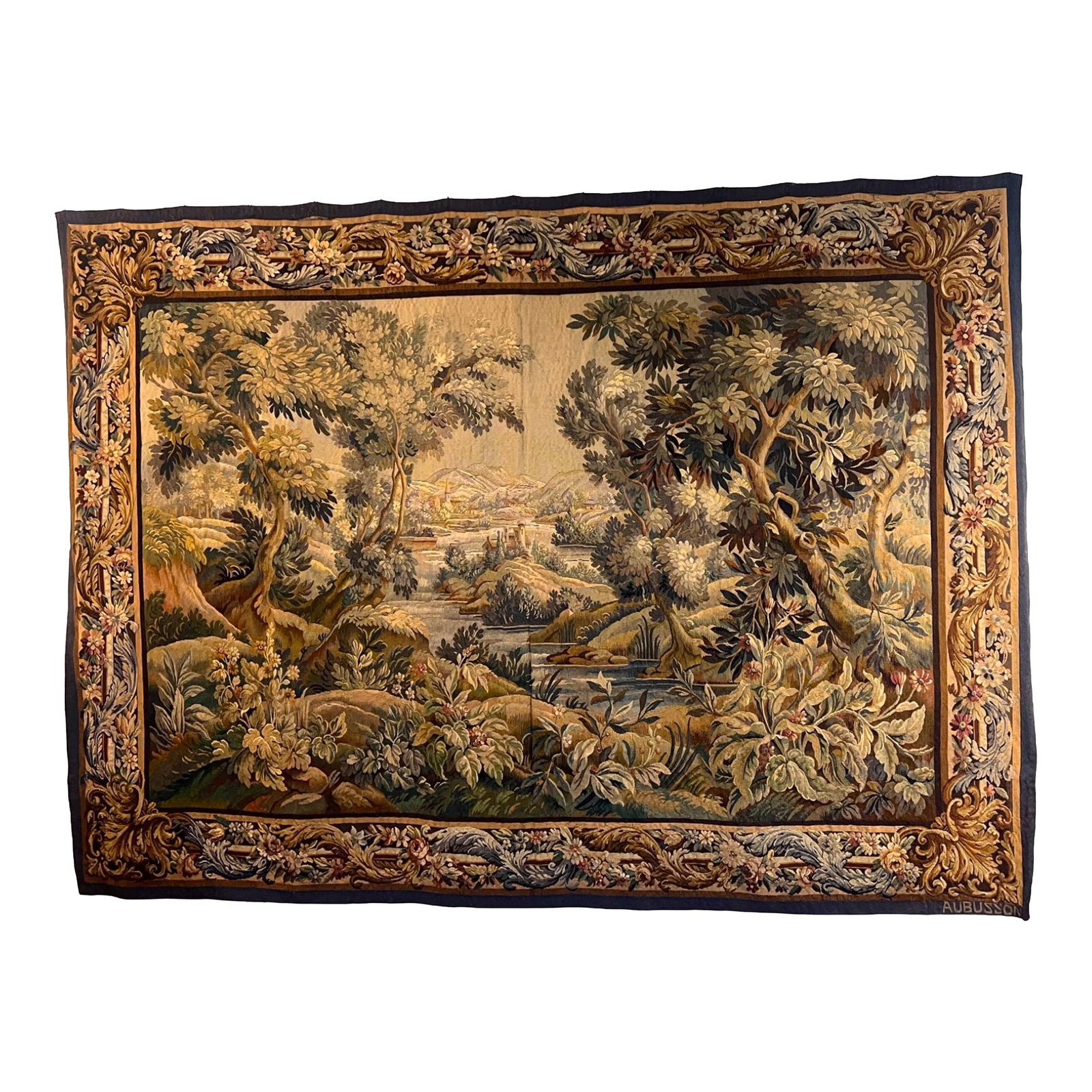 Aubusson Large Wall Hanging Verdure Tapestry France: This is an unrestored untouched Aubusson tapestry measuring 79" tall by 108" wide. It does show some signs of age and separation in spots and the original silky backing is intact but could use some