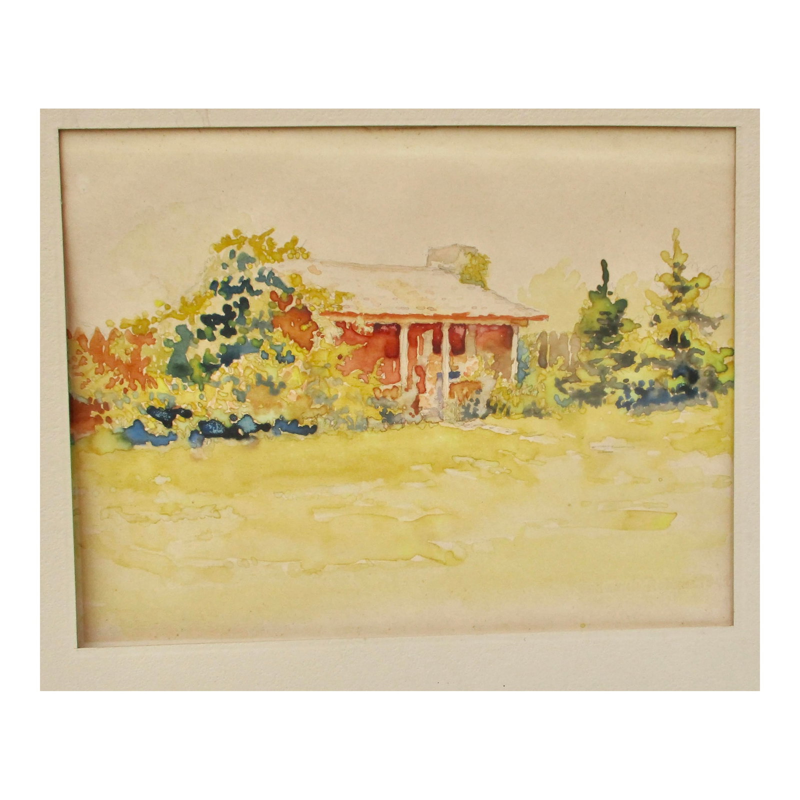Vintage Watercolor Landscape Early 20th: A splendid watercolor of a landscape painted in small watercolor drops and dashes of a great color palette. Bright, cheery, and colorful sunlight washes over the scene. The paper is mated in mat board