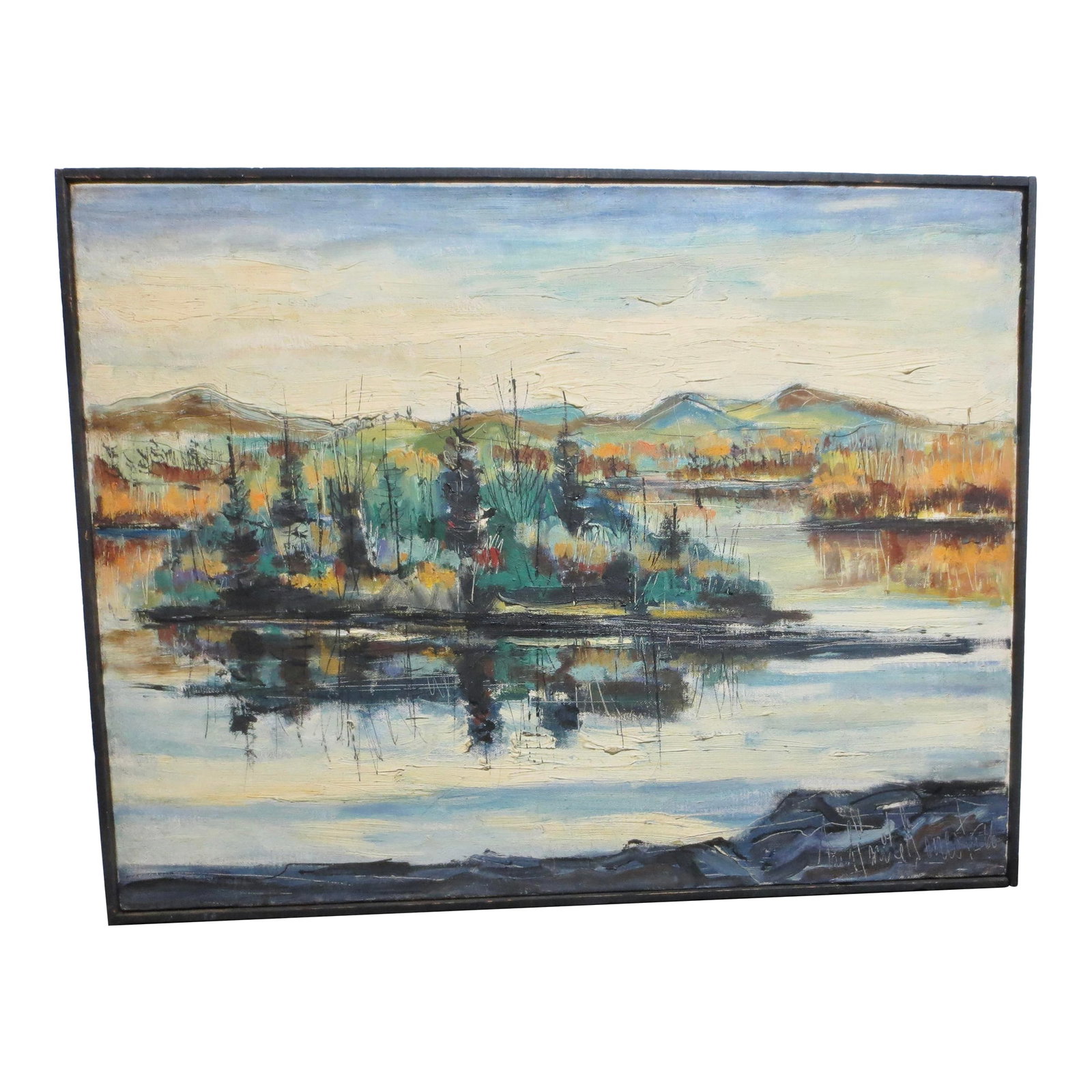 Paul Emile Genest Expressionist Landscape: Paul Emile Genest (born in Canada 1940.) A knife and brush gestural painting with highlights in pen. The name is scratched into the wet paint in the lower right. Decorative landscapes and scenes.