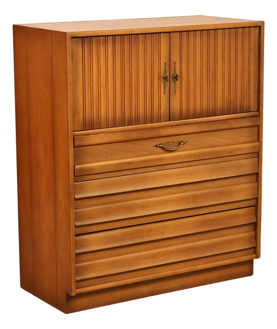 American of Martinsville Mid Century Modern Walnut Tall Chest: High Quality Vintage Walnut Chest with Pair of Beadboard Doors and Dovetailed Drawers Condition: Alterations: Original Condition Unaltered Imperfections: Some Imperfections Condition Notes: Clean