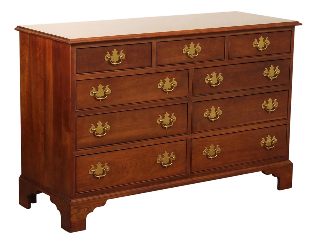 Stickley Chippendale Style Cherry Dresser: High Quality American Made Vintage Cherry Double Dresser with Nine Dovetailed Drawers and Brass Hardware Condition: Alterations: Original Condition Unaltered Imperfections: Some Imperfections