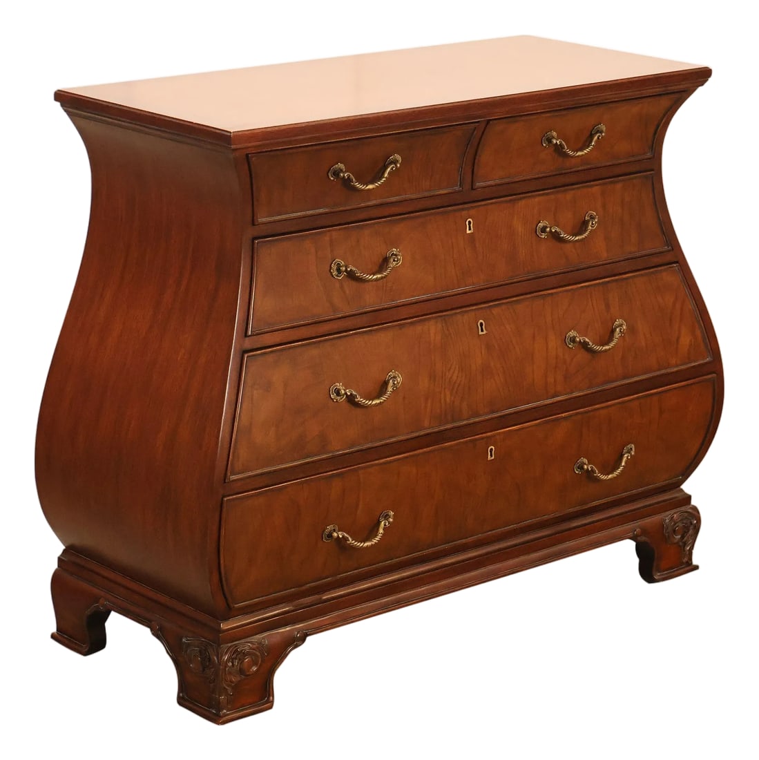 Ethan Allen Townhouse Collection Burlwood Bombe Chest: High Quality Ethan Allen Townhouse Collection Bombe Chest Featuring A Shaped Top With Banded Edge And Burlwood Veneer Surfaces. Case With Serpentine Bombe Form Housing Four Graduated Drawers Over