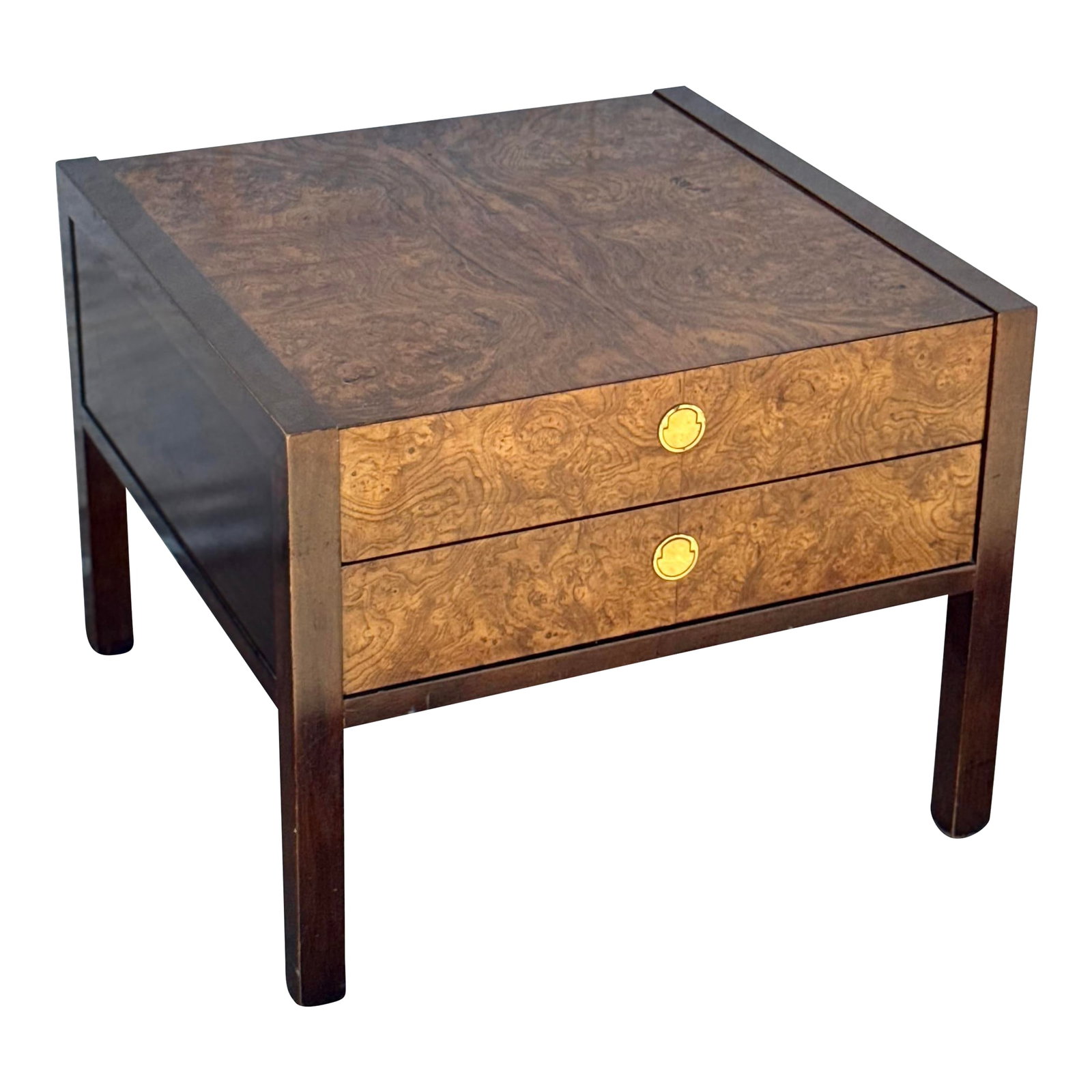 Mid-Century Burl Wood Nightstand by Century Furniture With Brass Pulls: Mid-century nightstand by Century Furniture with a clean, rectilinear form. Burl wood veneer to the top and drawer fronts, framed by a darker wood case that continues through to the legs. Two drawers 