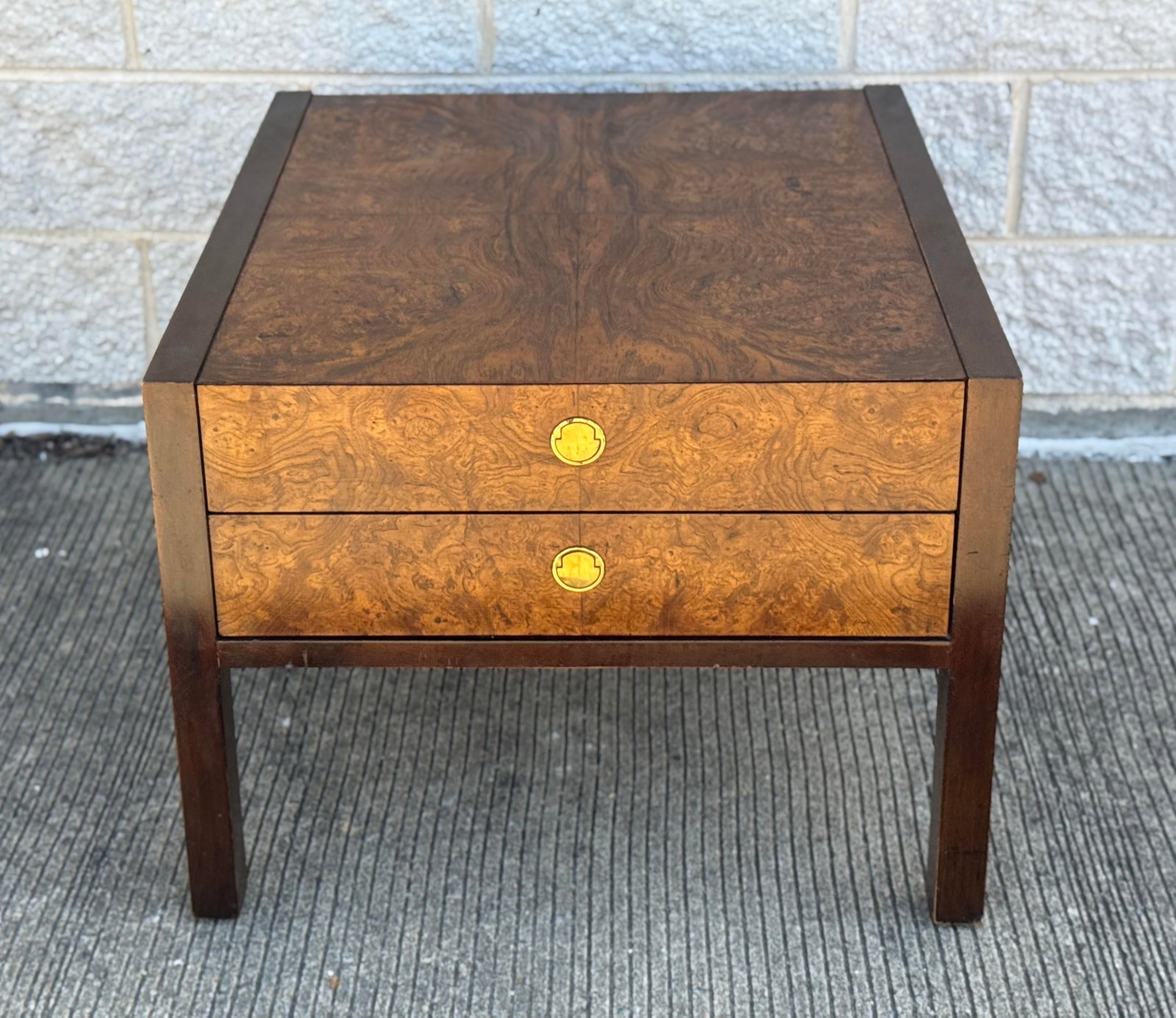 Mid-Century Burl Wood Nightstand by Century Furniture With Brass Pulls - 2