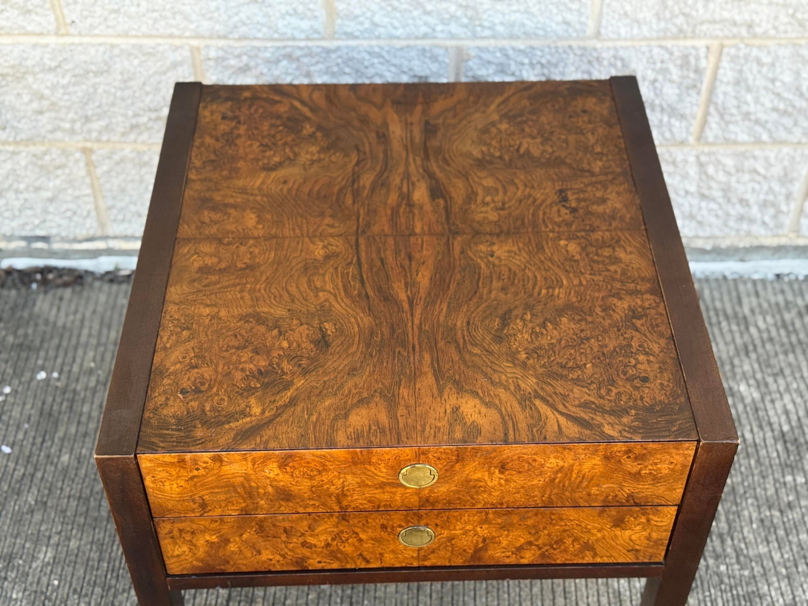 Mid-Century Burl Wood Nightstand by Century Furniture With Brass Pulls - 4