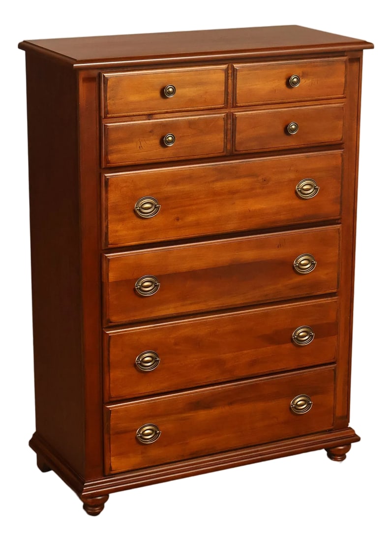 Broyhill Traditional 5 Drawer Tall Chest: Classic Tall Chest Dresser by Broyhill, Crafted in Warm-Toned Wood with a Clean Traditional Profile. The Case Features Two Small Upper Drawers Above Four Full-Width Drawers, Providing Ample Storage.
