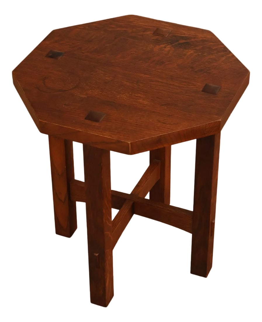 Stickley Mission Collection Oak Octagonal Tabouret Table: High Quality American Made Solid Oak Octagonal Top Side Table, #89 Finish Condition: Alterations: Original Condition Unaltered Imperfections: Some Imperfections Condition Notes: Clean vintage conditio