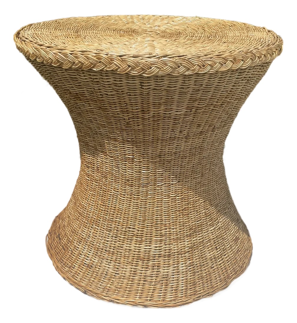 Vintage Rattan Wicker Dining Table, Coastal Style Braided Trim: Vintage wicker dining table, featuring a sculptural pedestal silhouette and tightly handwoven rattan construction. The hourglass form creates a graceful organic profile, while the braided trim edge