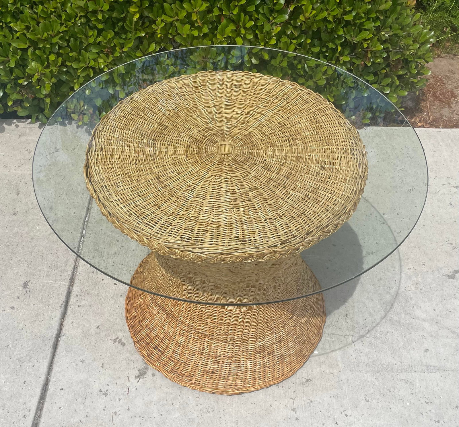 Vintage Rattan Wicker Dining Table, Coastal Style Braided Trim - 4