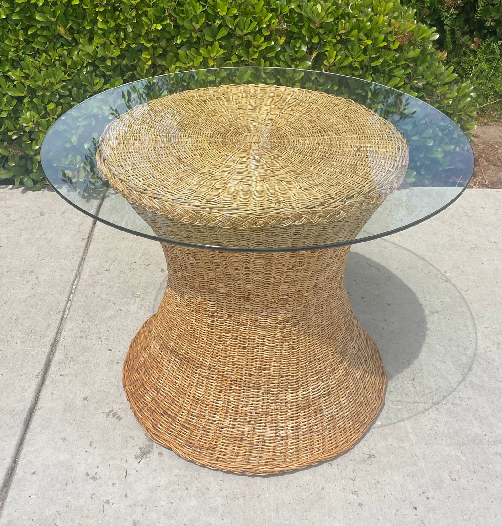 Vintage Rattan Wicker Dining Table, Coastal Style Braided Trim - 5