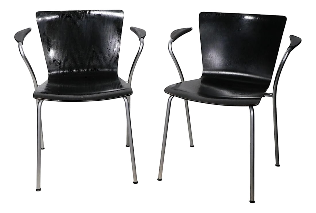 Pr. Vico Duo Chairs by Magistretti for Fritz Hansen Made In. Denmark C. 1998: Pair of Vico Duo chairs, designed by Vico Magistretti for Fritz Hansen, made in Denmark circa 1997. The chairs feature sculptural bent plywood seats, and backrests, mounted in tubular frames, with