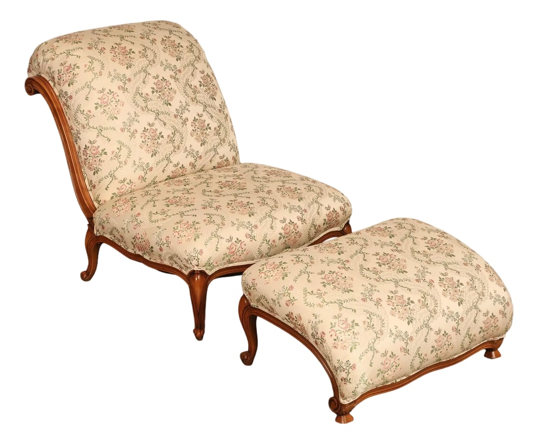 French Louis XV Style Two Piece Chaise Lounge Chair With Ottoman (1 of 18)