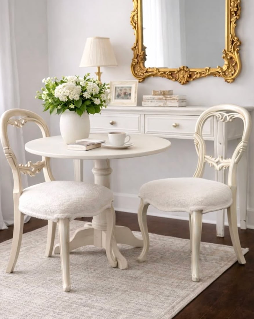 Pair of French-Style Dining Chairs With Carved Backs and White Boucle Upholstery - 5