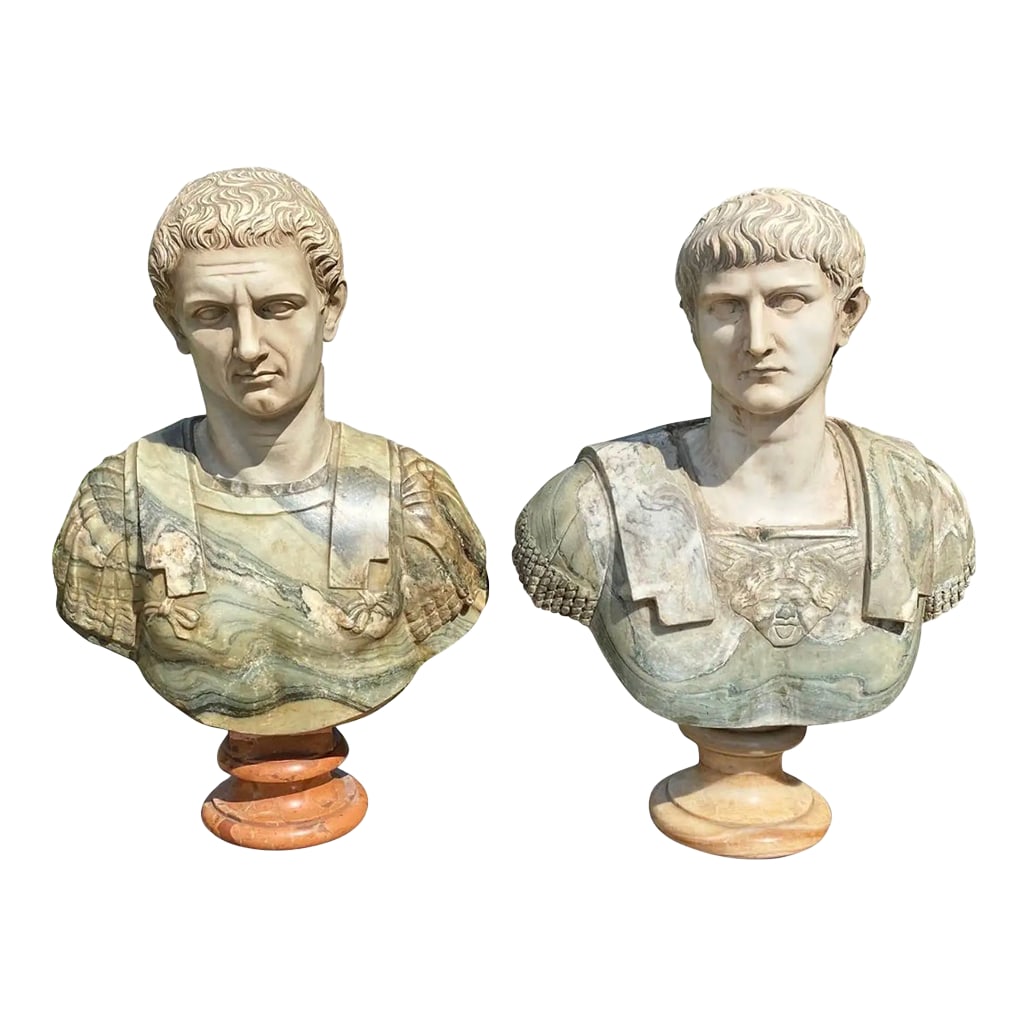19th Century Italian Neoclassical Style Specimen Marble Busts of Caesars - Set of 2: Incredible hand carved 19th century Italian specimen marble busts of Julius Caesar and Mark Anthony. The life like faces are impeccably carved in white marble. These truly stunning busts were clearly