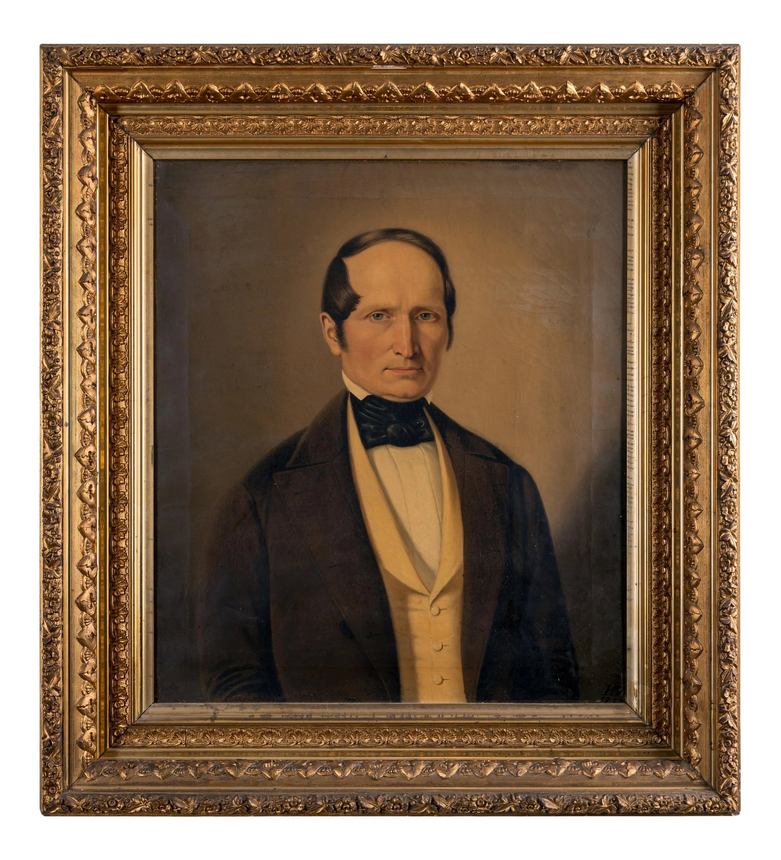 New England Gentleman Portrait Painting, 1854: A portrait painting of a New England gentleman signed H.H. and dated 1854. The gentleman is believed to be William Mueller of Mendon, Mass and later Meridon Connecticut. sight: 18 1/2 by 21 1/2