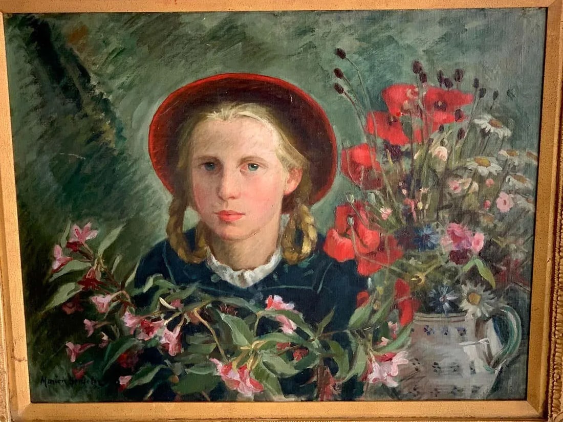 Mid 20th Century Portrait Girl Amongst Flowers, by Marion Henseler - 10