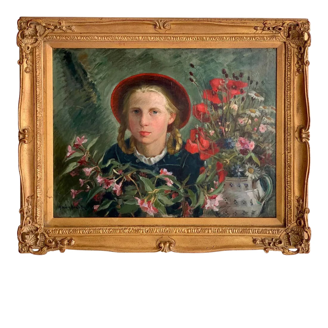 Mid 20th Century Portrait Girl Amongst Flowers, by Marion Henseler: Portrait Girl Amongst Flowers, by Marion Henseler German, 1894 - 1985 Oil on artist board 22" H x 28" W Giltwood frame 30" H x 35" W x 2" Signed Lower left in script 'Marion Henseler' A vibrant portra