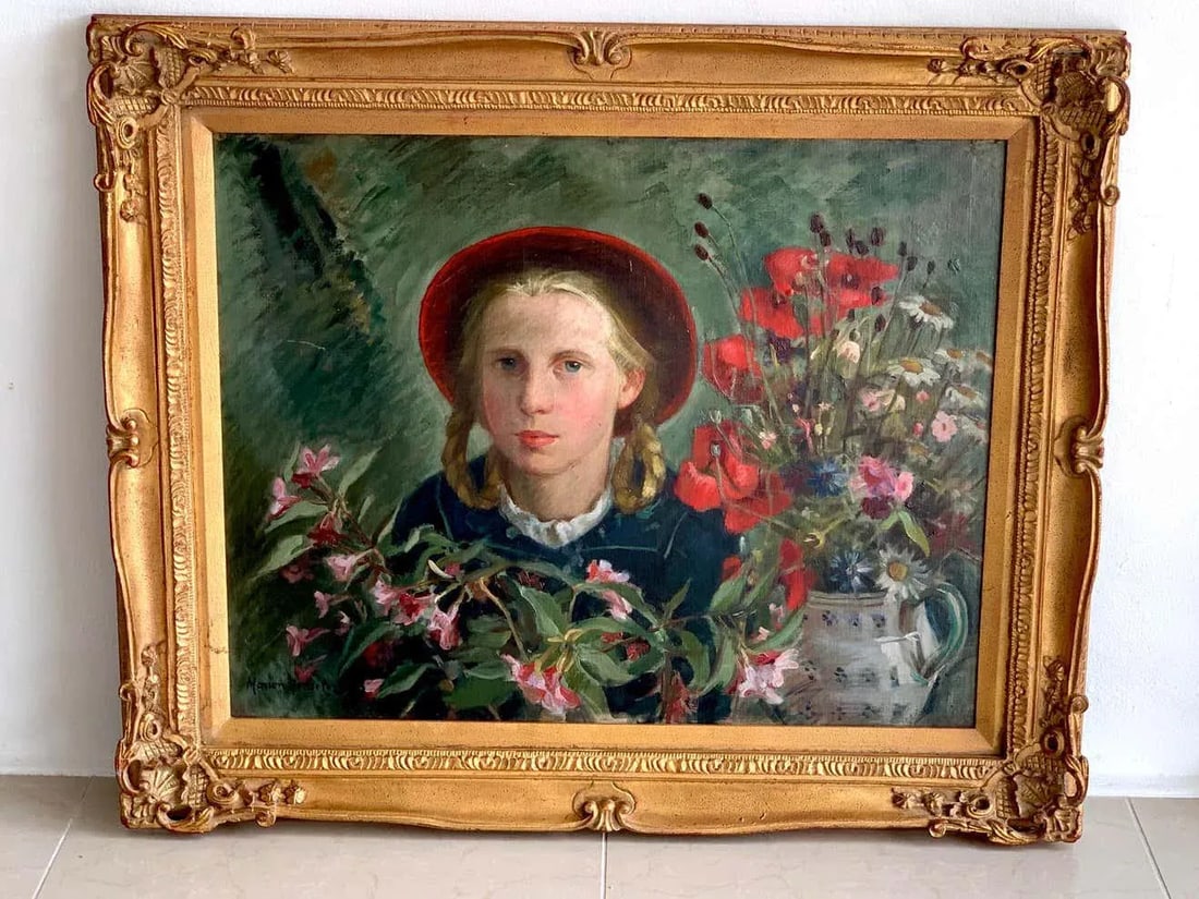 Mid 20th Century Portrait Girl Amongst Flowers, by Marion Henseler - 3