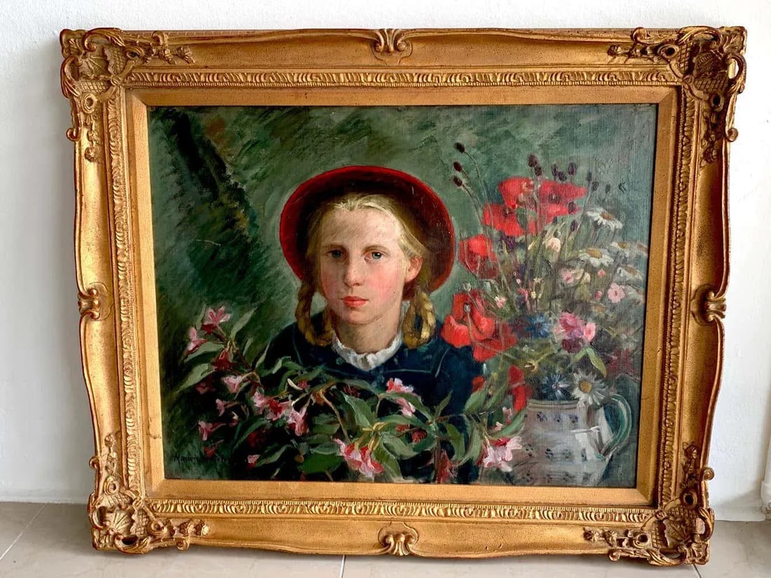 Mid 20th Century Portrait Girl Amongst Flowers, by Marion Henseler - 6