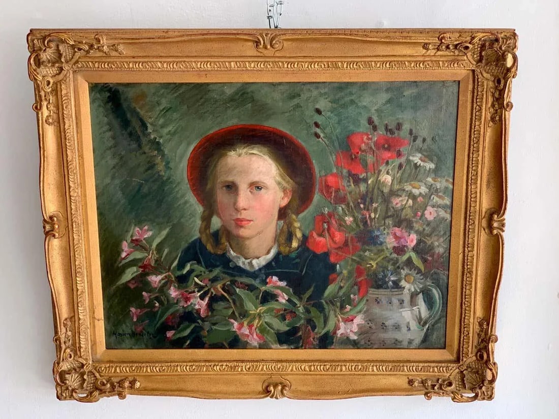 Mid 20th Century Portrait Girl Amongst Flowers, by Marion Henseler - 7