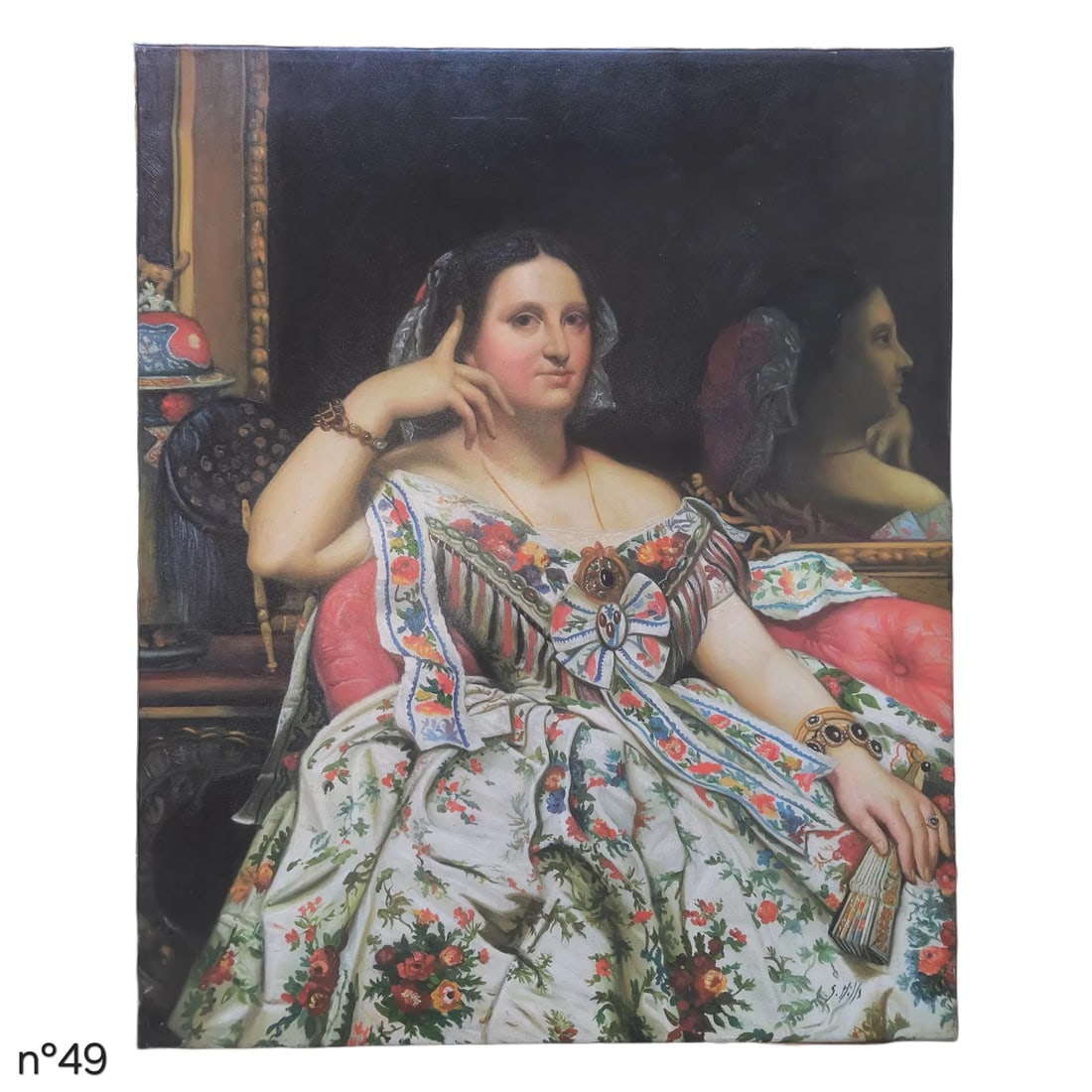 Mid-20th Century Signed S. Hills - Seated Lady in Floral Gown, Oil on Canvas - 2