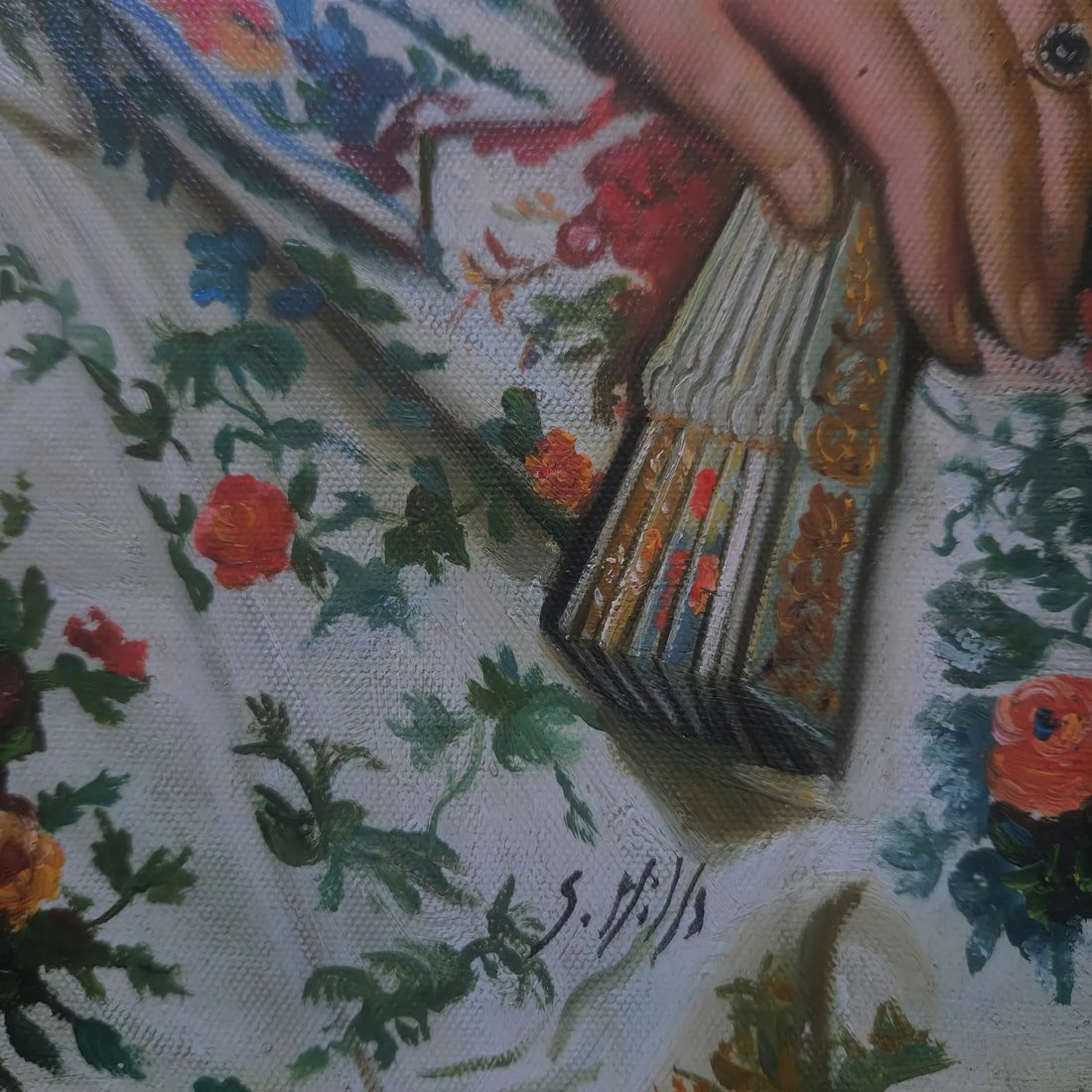 Mid-20th Century Signed S. Hills - Seated Lady in Floral Gown, Oil on Canvas - 3