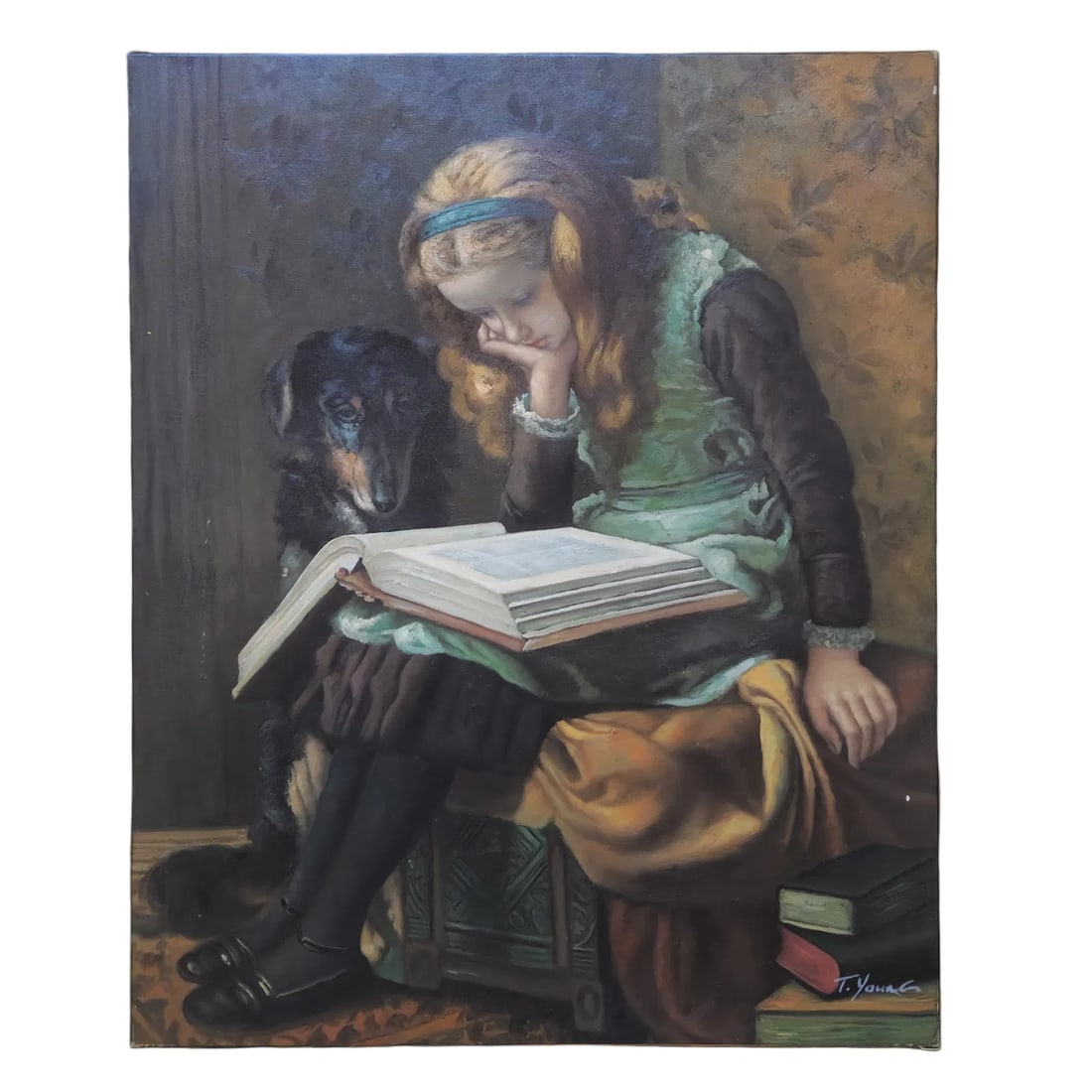 Mid-20th Century Signed T. Young - Young Girl Reading With Dog, Oil on Canvas: Oil on canvas, signed T. Young, circa late 20th century. Depicting a young girl seated with an open book beside a black dog, rendered in a traditional interior setting with a warm muted tones and