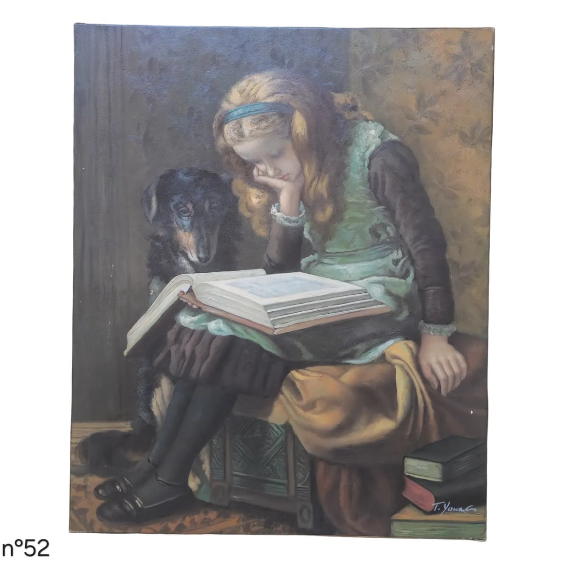 Mid-20th Century Signed T. Young - Young Girl Reading With Dog, Oil on Canvas - 2
